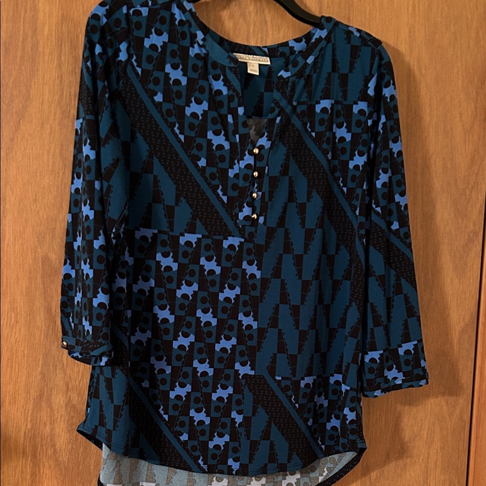 CAbi Blue and Black Geometric Blouse